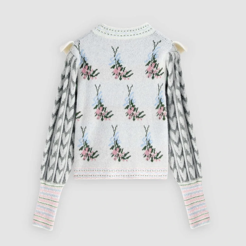 CIDER Ruffle Cream Pink Blue Knit Sweater w Balloon Sleeves like LOVESHACK FANCY
